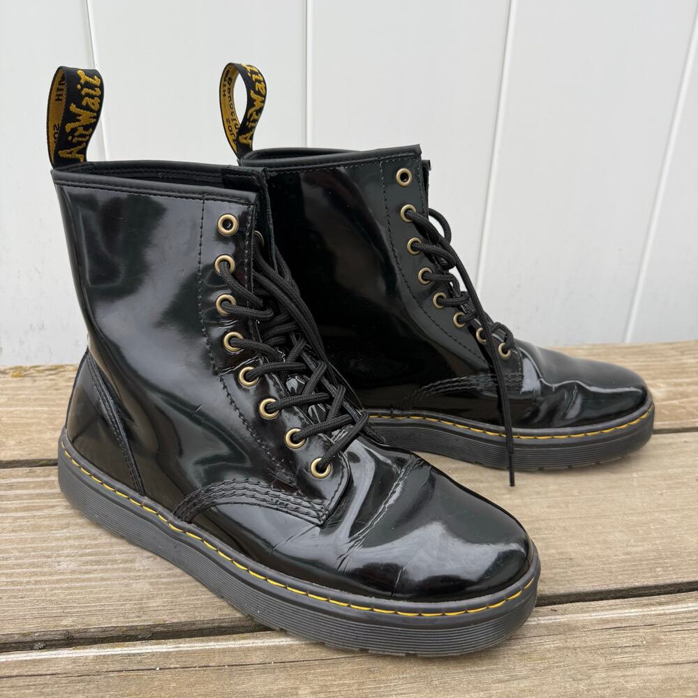 Dr Martens Zavala Airware Black Patent Leather Combat Boot M9/L10 Lace Up 8 Eye